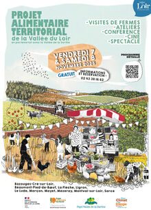 Affiche illustrée pour la Journée citoyenne du Projet Alimentaire Territorial de la Vallée du Loir, organisée en partenariat avec la Vallée de la Sarthe les 7 et 8 novembre 2025. L’image montre une scène rurale animée avec des agriculteurs récoltant des légumes, des animaux de ferme (vaches, poules), et un stand de marché proposant des produits locaux. Le texte annonce les activités prévues : visites de fermes, ateliers, conférence, projection de film et spectacle. L’événement est gratuit et sur réservation au 02 43 38 16 62. Un QR code permet d’accéder au programme détaillé. Les communes concernées sont listées en bas de l’affiche.