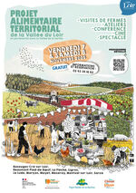 Affiche Journée citoyenne 2025 du Projet alimentaire territorial (PAT) de la Vallée du Loir Affiche illustrée pour la Journée citoyenne du Projet Alimentaire Territorial de la Vallée du Loir, organisée en partenariat avec la Vallée de la Sarthe les 7 et 8 novembre 2025. L’image montre une scène rurale animée avec des agriculteurs récoltant des légumes, des animaux de ferme (vaches, poules), et un stand de marché proposant des produits locaux. Le texte annonce les activités prévues : visites de fermes, ateliers, conférence, projection de film et spectacle. L’événement est gratuit et sur réservation au 02 43 38 16 62. Un QR code permet d’accéder au programme détaillé. Les communes concernées sont listées en bas de l’affiche.